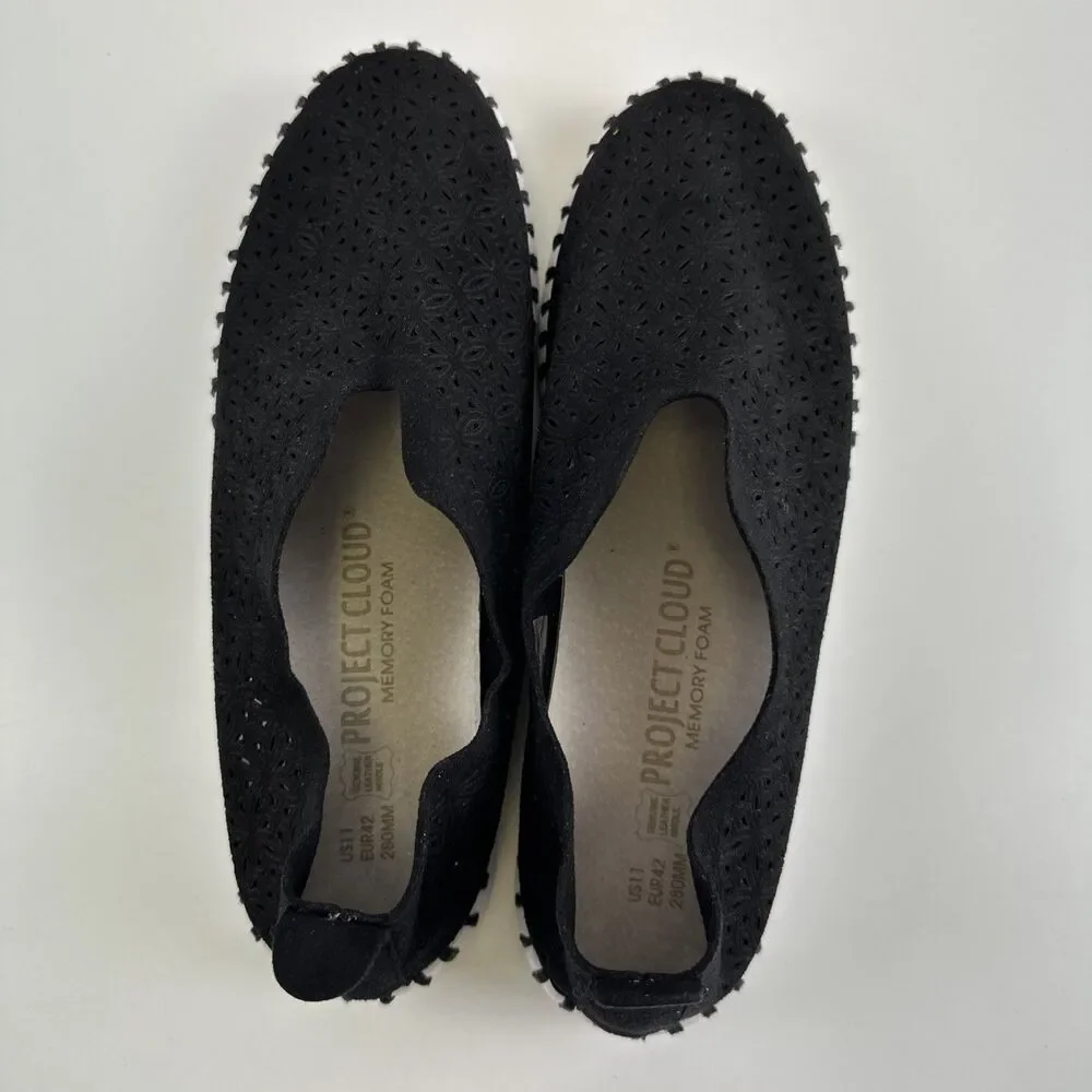 Project Cloud Rose Perforated Slip On Flat Black Faux Suede Lightweight 42 US 11